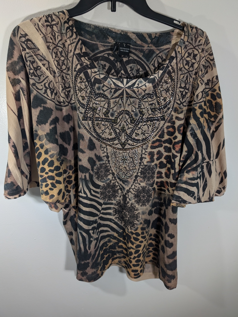 New Directions rections Taupe and Black Mixed Animal Print Emblished Doman Top L